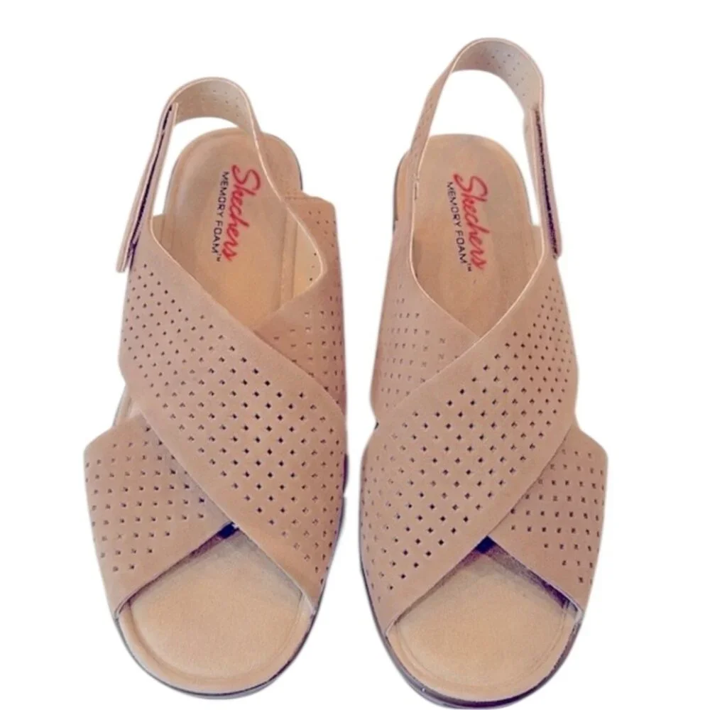 Skechers Perforated‎ Suede Slingback Wedge Cross Strap Sandals Sz 9 Tan 263E